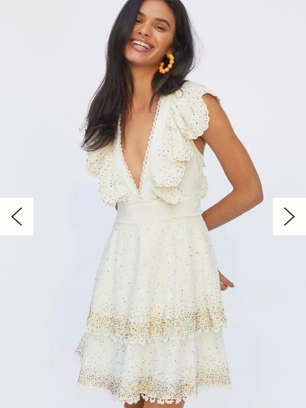 Farm Rio Handmade Ivory Eyelet Ruffle Mini Dress with Multicolor Hem Accents